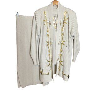 Vintage 3-Piece Beige Knit Skirt Set Gold Embellishments Cardigan Skirt & Sleeve